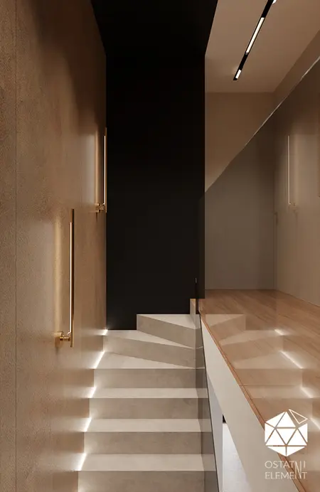 Minimalistyczny korytarz z oświetleniem i drewnianymi detalami, soft minimalizm.