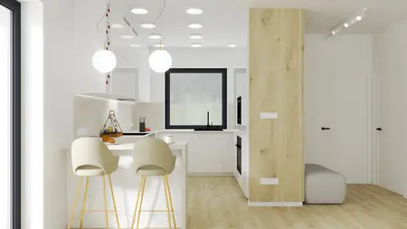 Kuchnia minimalistyczna z białymi meblami i drewnianymi elementami, nowoczesne oświetlenie.