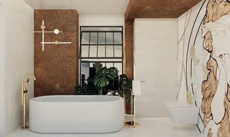 Wnętrze łazienki z wanną, złotymi detalami, roślinnością i art deco.
