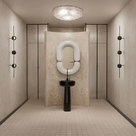 Nowoczesna łazienka z umywalką, art deco i minimaluxe, jasne ściany i dekoracyjne oświetlenie.