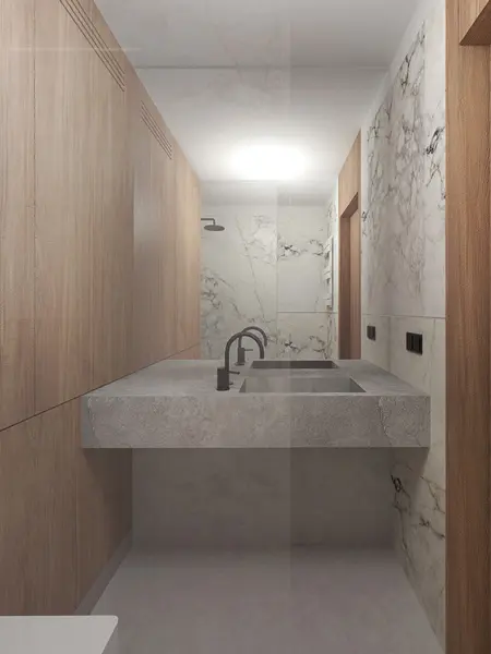 Wnętrze łazienki z drewnianymi meblami i marmurowymi wykończeniami, nowoczesny design