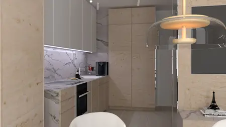 Wnętrze kuchni w stylu skandynawskim z drewnianymi meblami i białymi akcentami.