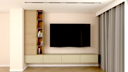 Wnętrze współczesnego salonu z minimalistycznym meblem i telewizorem, styl japandi, skandynawski.