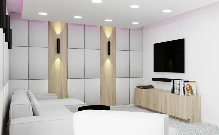Wnętrze nowoczesnego salonu z białymi meblami i drewnianymi detalami w minimalistycznym stylu.