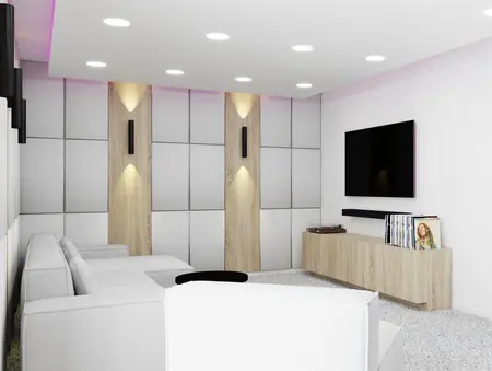 Wnętrze nowoczesnego salonu z białymi meblami i drewnianymi detalami w minimalistycznym stylu.