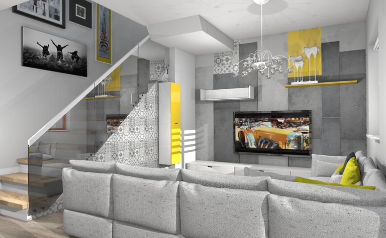 Wnętrze salonu w stylu dopamine decor, japandi i soft minimalizm z szarym narożnikiem.