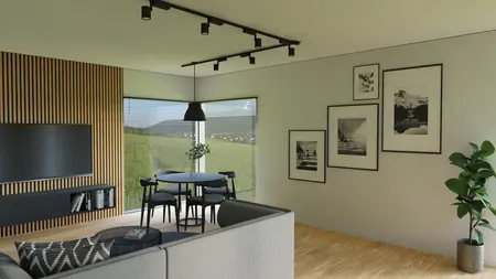 Wnętrze w stylu industrialnym z szarymi ścianami i drewnianymi detalami.