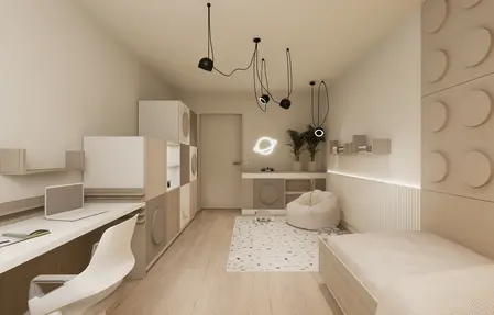 Minimalistyczny pokój z biurkiem, oświetleniem LED i roślinami.