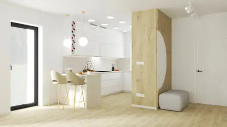 Nowoczesna kuchnia w stylu minimalistycznym z białymi meblami i drewnianymi detalami.