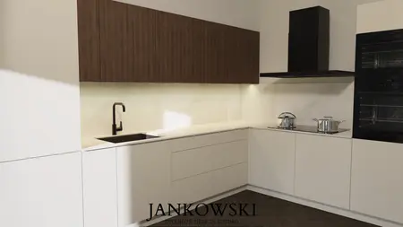 Kuchnia w stylu eklektycznym z drewnianymi szafkami, minimalistycznym blatem i nowoczesnymi urządzeniami.