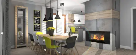 Wnętrze jadalni z drewnianym stołem i nowoczesnymi krzesłami w stylu dopamine decor, japandi, soft minimalizm.