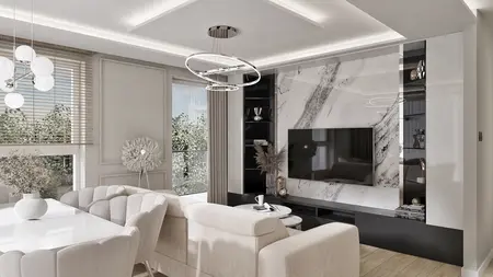 Wnętrze salonu w stylu glamour, nowoczesnym i quiet luxury z szarym wykończeniem.