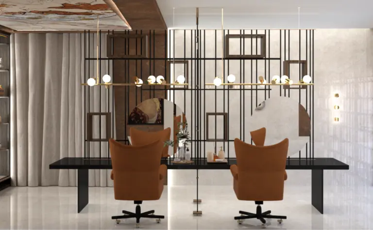 Wnętrze biura w stylu art deco z brązowymi krzesłami, czarnym biurkiem i dekoracyjnymi elementami.
