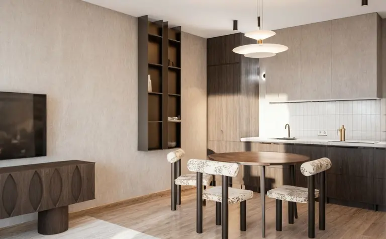 Wnętrze kuchni z drewnianym stołem, beżowymi meblami i art deco akcentami.