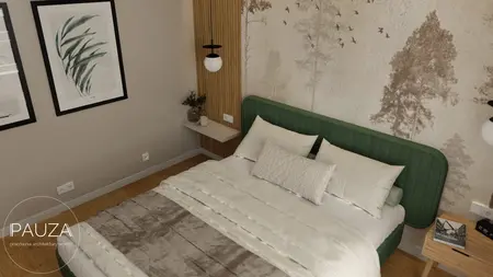 Sypialnia w stylu japandi z zielonym łóżkiem i drewnianymi detalami.