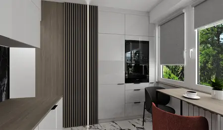 Nowoczesna kuchnia z białymi meblami i drewnianymi elementami, współczesny design.
