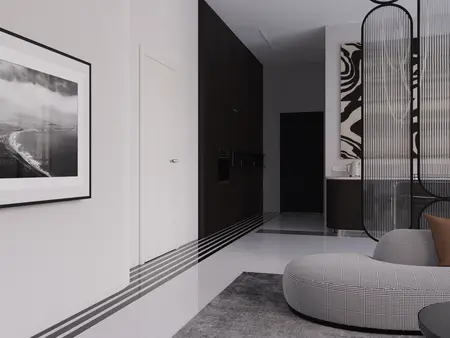Wnętrze z elementami art deco i minimalistycznymi, z szarym dywanem i czarnymi meblami.