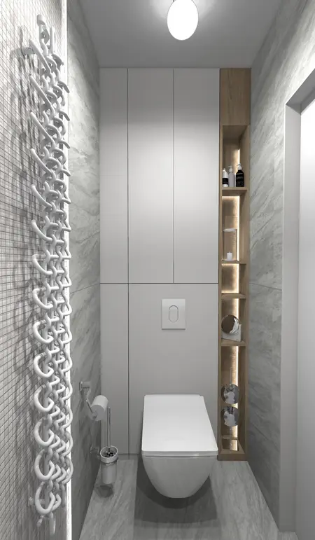 Nowoczesna łazienka z białym WC, szarymi płytkami i drewnianymi akcentami. Styl dopamine decor, industrialny.