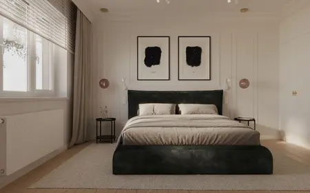 Eklektyczna sypialnia z zielonym łóżkiem, nowoczesnymi obrazami oraz elementami quiet luxury.
