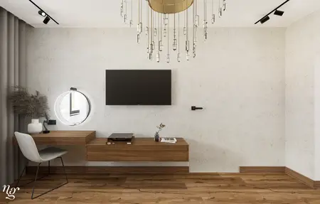Nowoczesne wnętrze z biurkiem, telewizorem i oświetleniem.