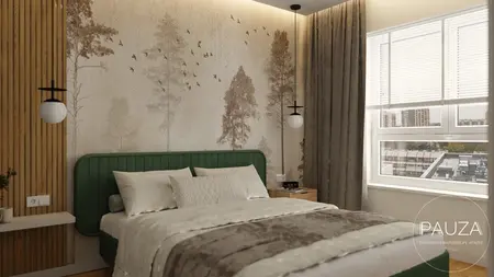 Sypialnia w stylu japandi z zielonym łóżkiem i drewnianymi detalami.