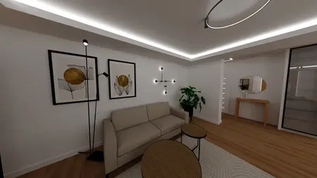 Wnętrze nowoczesnego salonu z beżową sofą, lampą i rośliną.