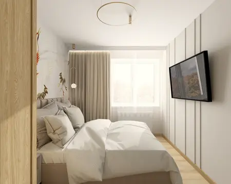 Eklektyczna sypialnia w stylu japandi z drewnianymi detalami i jasnymi tkaninami.