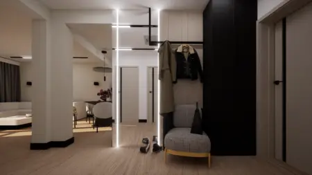 Przedpokój w stylu nowoczesnym z meblami soft minimalizm, współczesny design.