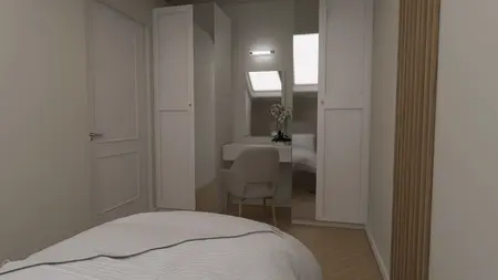 Wnętrze sypialni z minimalistycznym wyposażeniem, nowoczesnym lustrem oraz współczesnymi meblami.