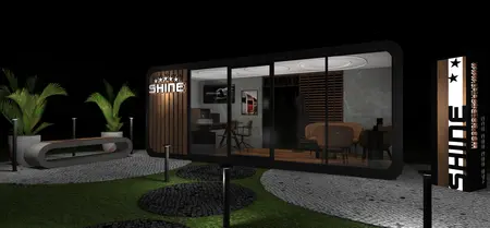 Wnętrze biura w stylu dopamine decor z roślinami i nowoczesnymi meblami.