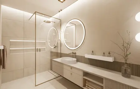 Nowoczesna łazienka z minimalistycznym designem, dużymi lustrami i stylowym oświetleniem.