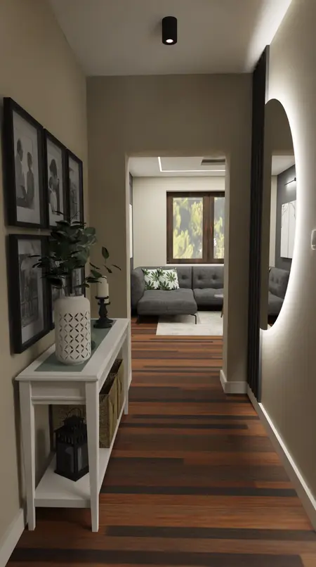 Korytarz z białymi elementami i brązową podłogą, nowoczesny design.