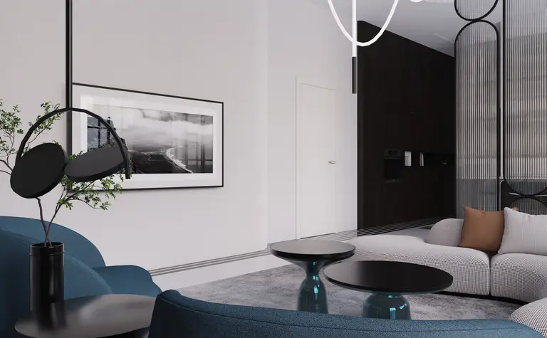 Nowoczesny salon w stylu art deco i glamour z niebieskimi fotelami