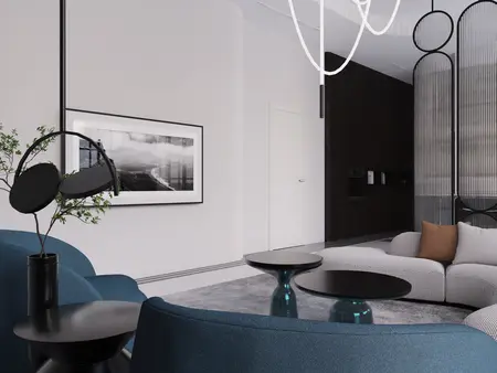 Nowoczesny salon w stylu art deco i glamour z niebieskimi fotelami