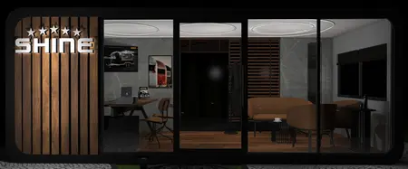 Wnętrze gabinetu w stylu dopamine decor i industrialnym z nowoczesnymi akcentami.