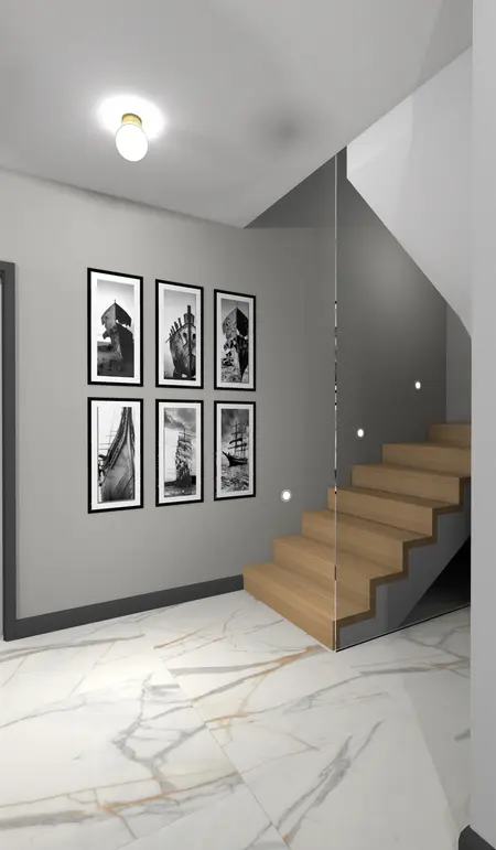 Wnętrze nowoczesnego przedpokoju z drewnianymi schodami, obrazami w stylu art deco, glamour i japandi.