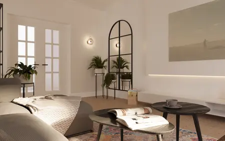Wnętrze salonu w stylu eklektycznym z roślinami i nowoczesnymi meblami.