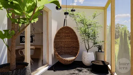 Wnętrze balkonu w stylu japandi i minimalistycznym z wiszącym fotelem oraz roślinami.