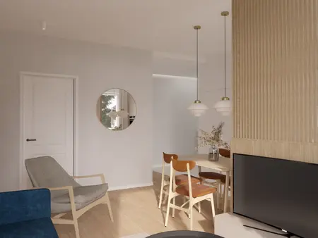 Minimalistyczne wnętrze z vintage meblami w współczesnym stylu.