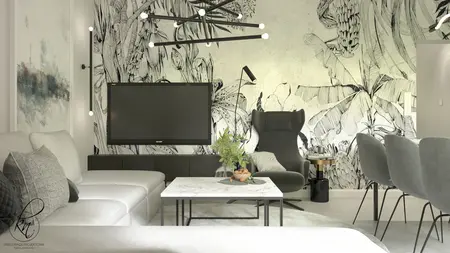 Salon z telewizorem, szaro-białą sofą i roślinnością w minimalistycznym stylu.