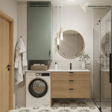 Wnętrze łazienki w stylu boho, japandi z rustykalnymi detalami.