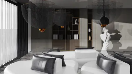 Wnętrze salonu z nowoczesnymi meblami, quiet luxury i współczesnymi dodatkami.