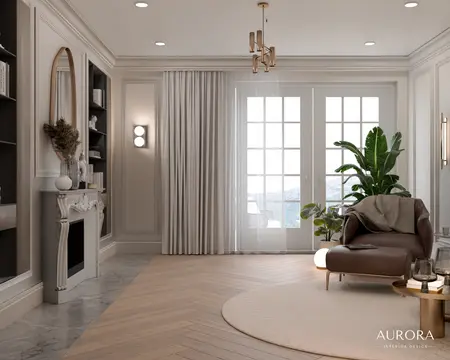 Wnętrze salonu w stylu minimaluxe z brązową sofą, roślinnością i eleganckim oświetleniem.