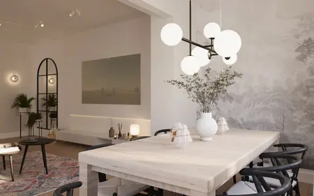 Jadalnia w stylu eklektycznym z nowoczesnym oświetleniem i dekoracjami quiet luxury.