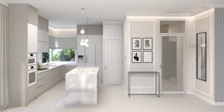 Wnętrze kuchni z białymi meblami, marmurowym blatem w stylu glamour, minimalistycznym i nowoczesnym.