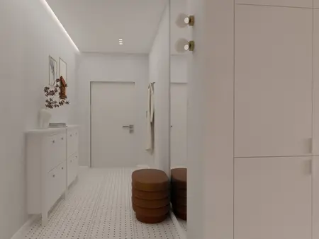 Przedpokój w stylu minimalistycznym, vintage, współczesnym z białymi meblami i brązowymi siedziskami.