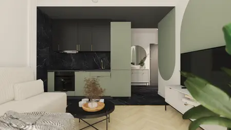 Wnętrze kuchni z zielonymi meblami, czarnym blatem, minimalistycznym stylem, boho i eklektycznym.
