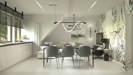 Jadalnia z szarymi krzesłami, minimalistyczny design i białe meble