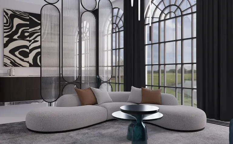 Wnętrze salonu w stylu art deco z minimalistycznym fotelem i glamour dodatkami.