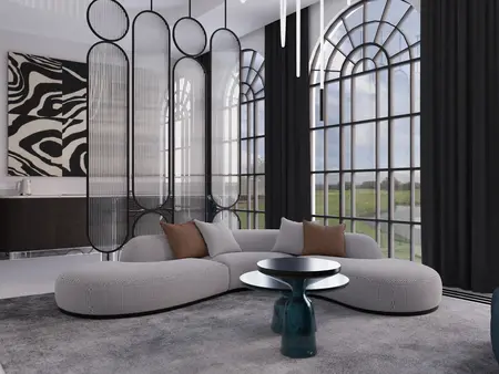Wnętrze salonu w stylu art deco z minimalistycznym fotelem i glamour dodatkami.